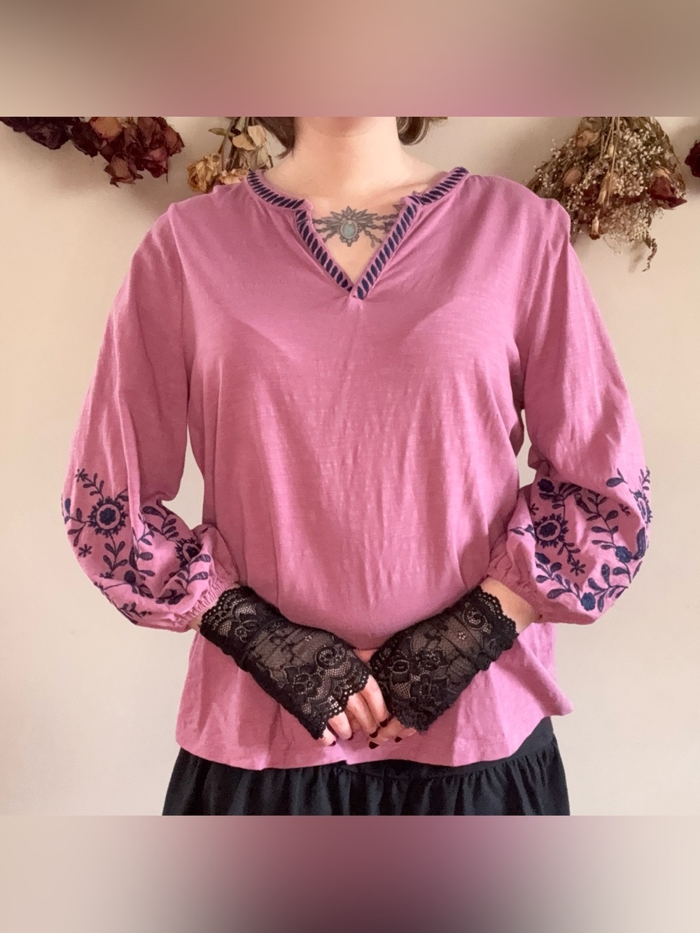 pink & navy embroidered floral peasant top  🩷💙 | boho fairycore romantic